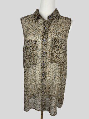 Equipment Femme Silk Blouse L Leopard Animal Print Sleeveless Button Front Shirt